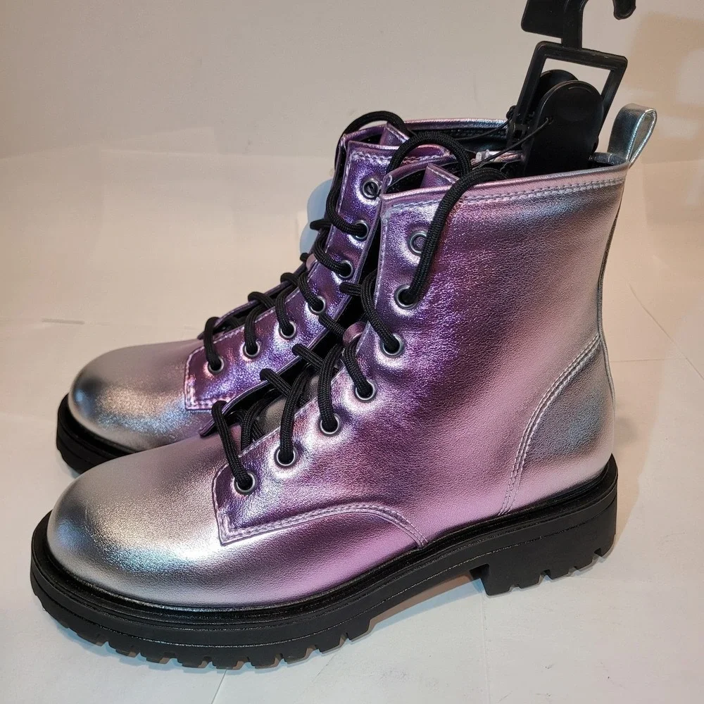 Wonder Nation Girls' Metallic Ombre Combat Boots Lace-Up‎ Purple Silver Size 4